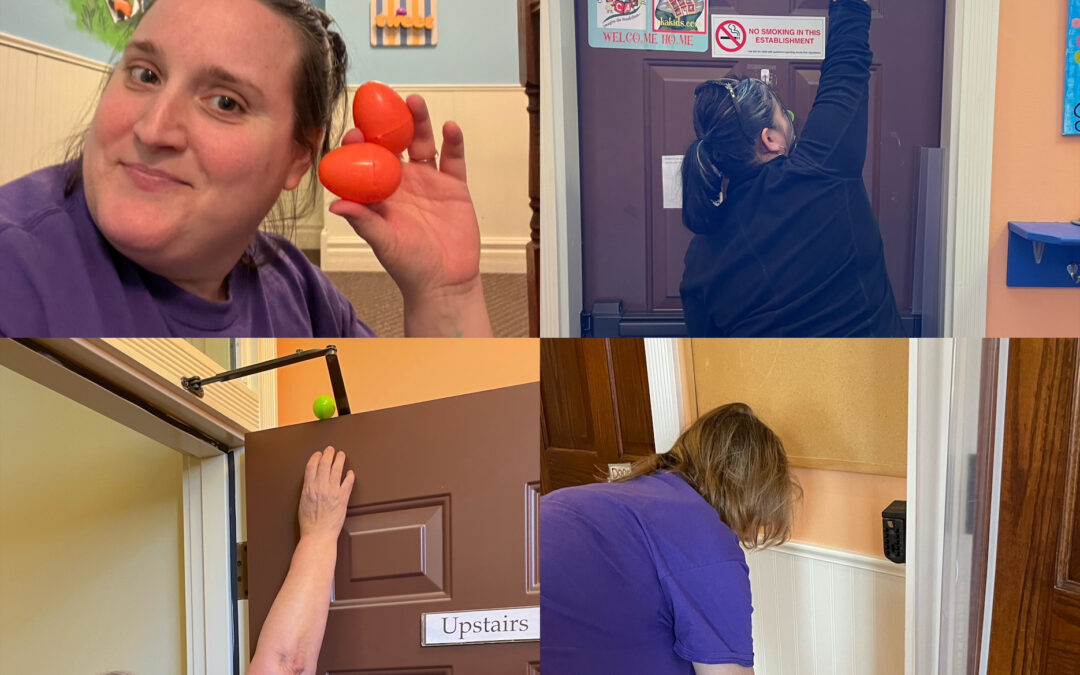 4 photos of staff on easter egg hunt