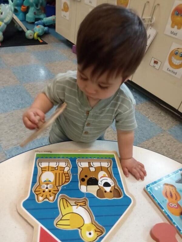 Toddler completing a wooden animal puzzle