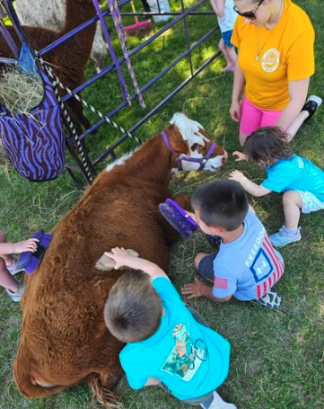 Children meeting a visiting cow at CKA
